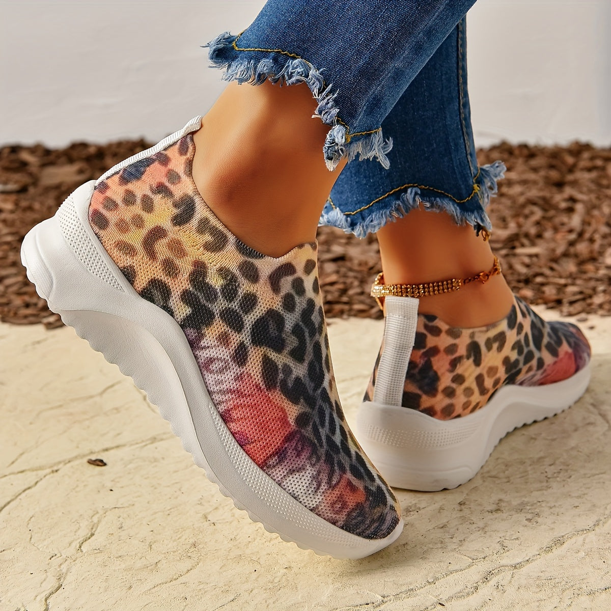 Leopard Print Slip-On Running Shoes for Women