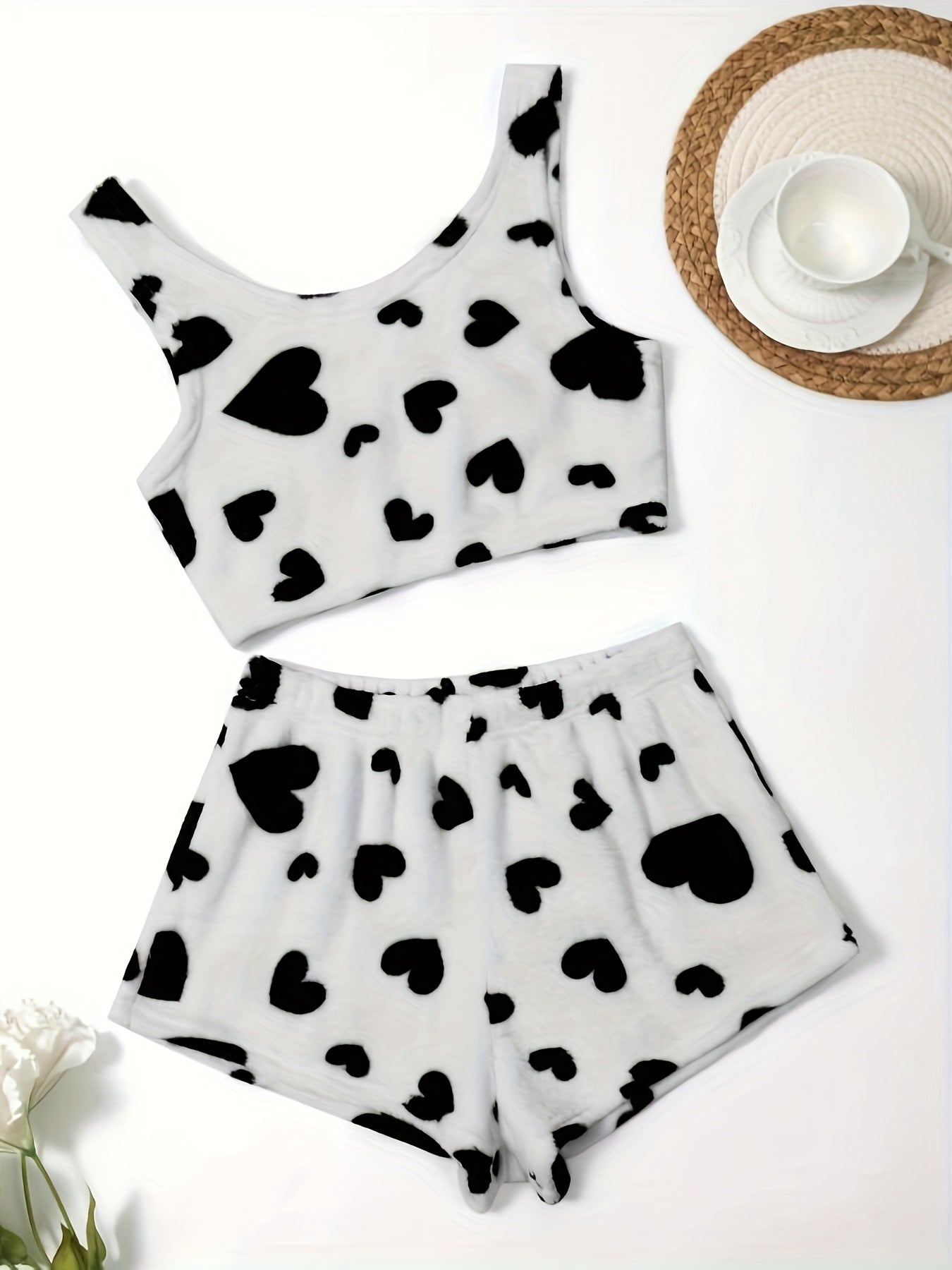 Heart Print Flannel Crop Top & Shorts Lounge Set