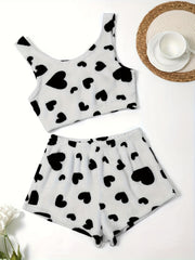 Heart Print Flannel Crop Top & Shorts Lounge Set