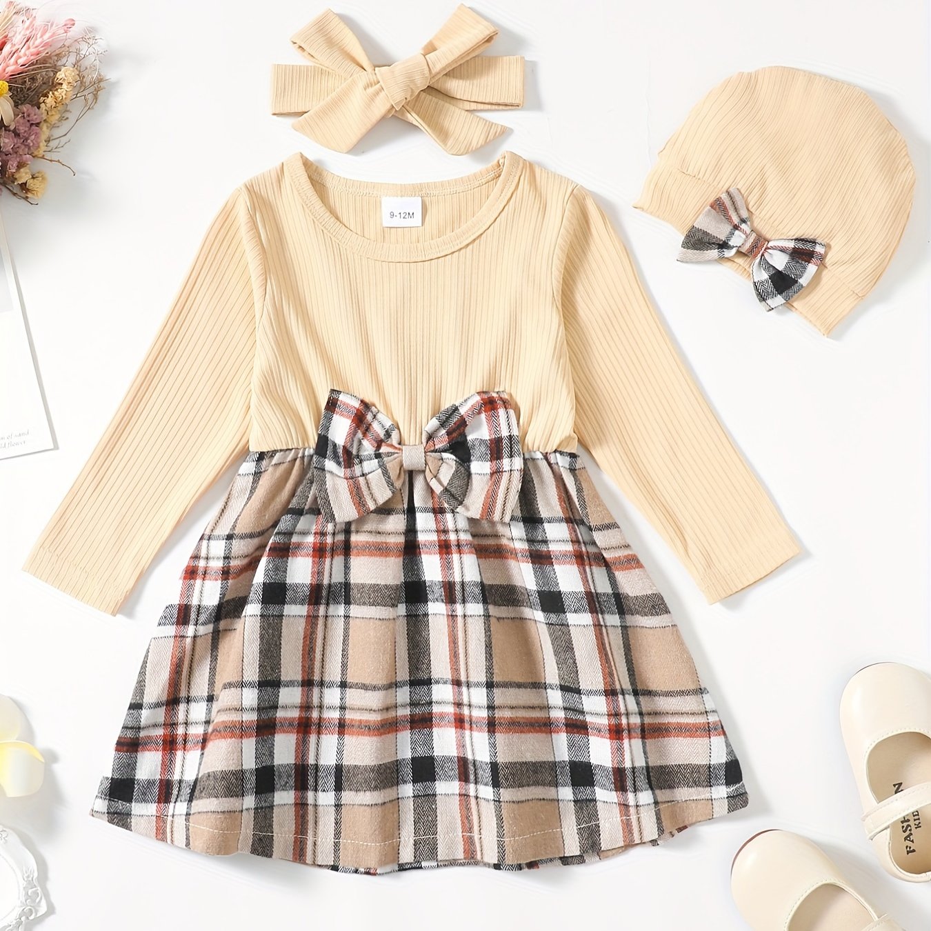 Baby Girls Plaid Bow Stitching Long Sleeve Dress