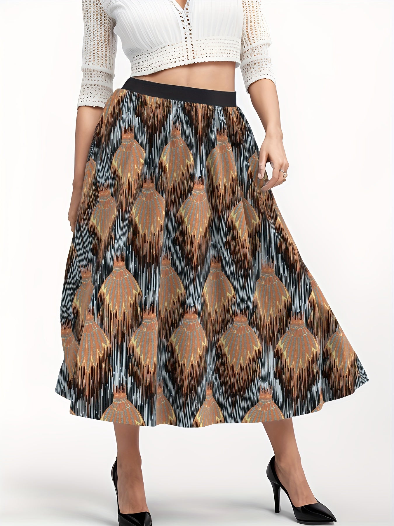Abstract Print Maxi Skirt High Rise Elastic Waistband