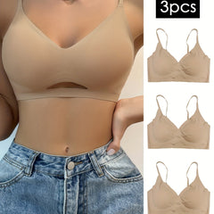 3pcs Seamless Solid Wireless Bras Comfy & Breathable Cut Out Bra