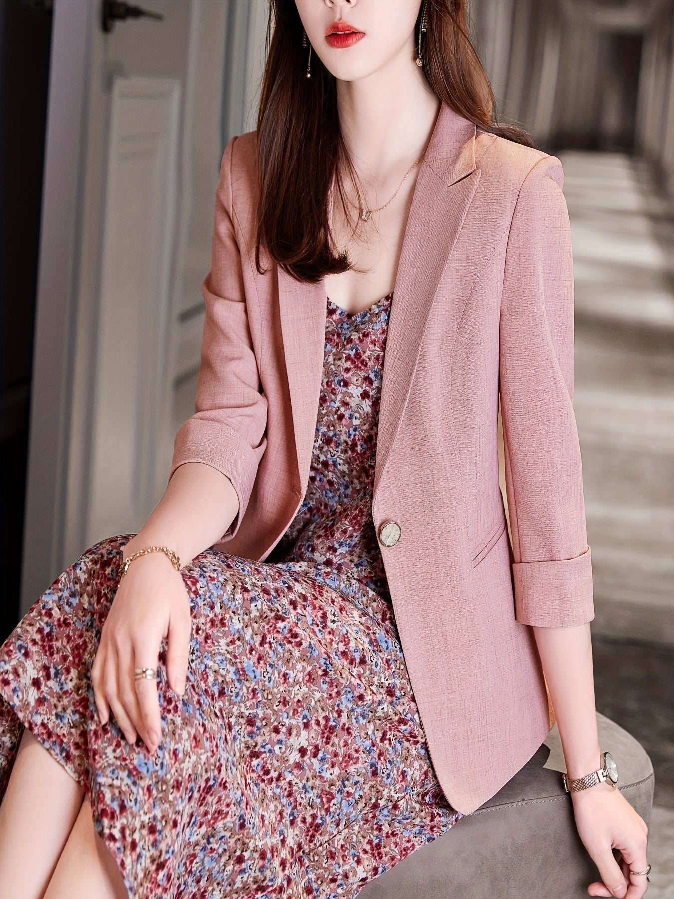 Solid Button Front Blazer Lapel Roll Up Sleeve Blazer
