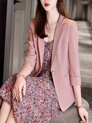 Solid Button Front Blazer Lapel Roll Up Sleeve Blazer