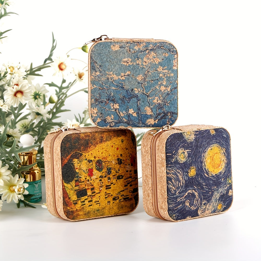 Vintage Painting Print Jewelry Box Zipper Portable Organizer