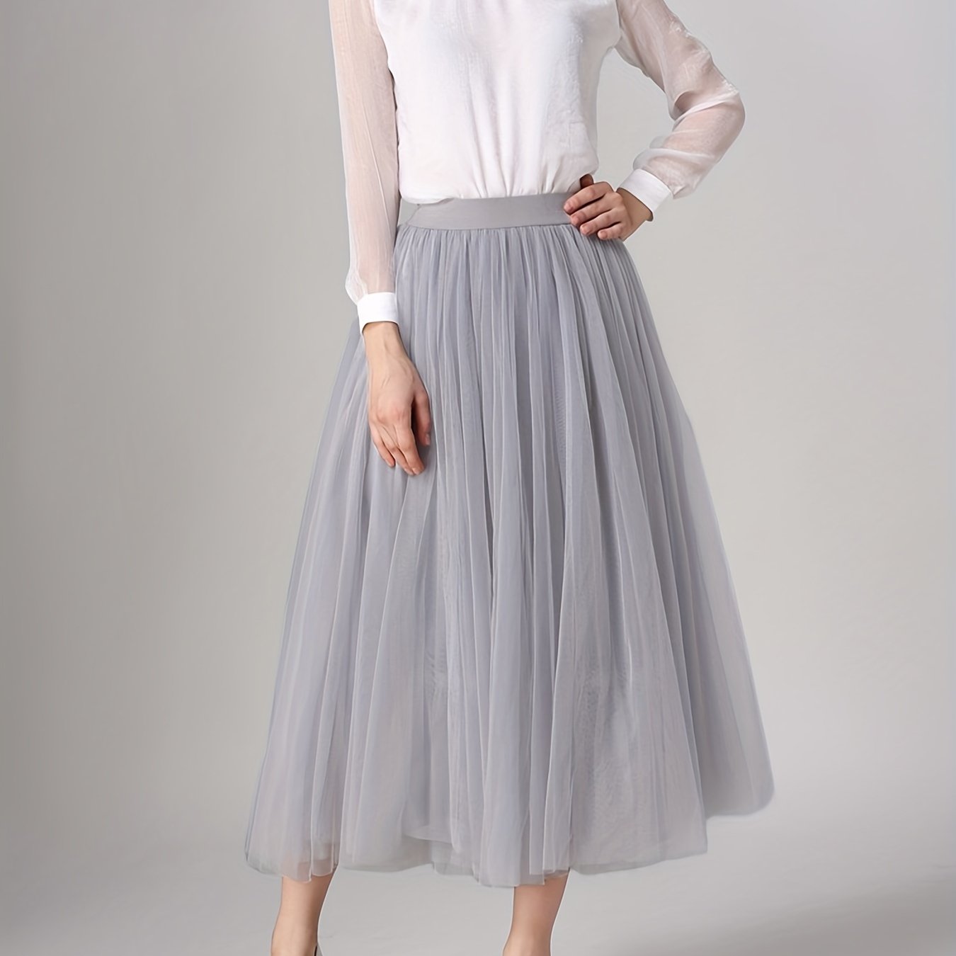 High Waist Mesh A-line Skirt Solid Casual