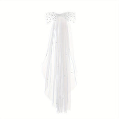 Sheer Long Wedding Veil with Bow & Comb Bridal Veil with Beads