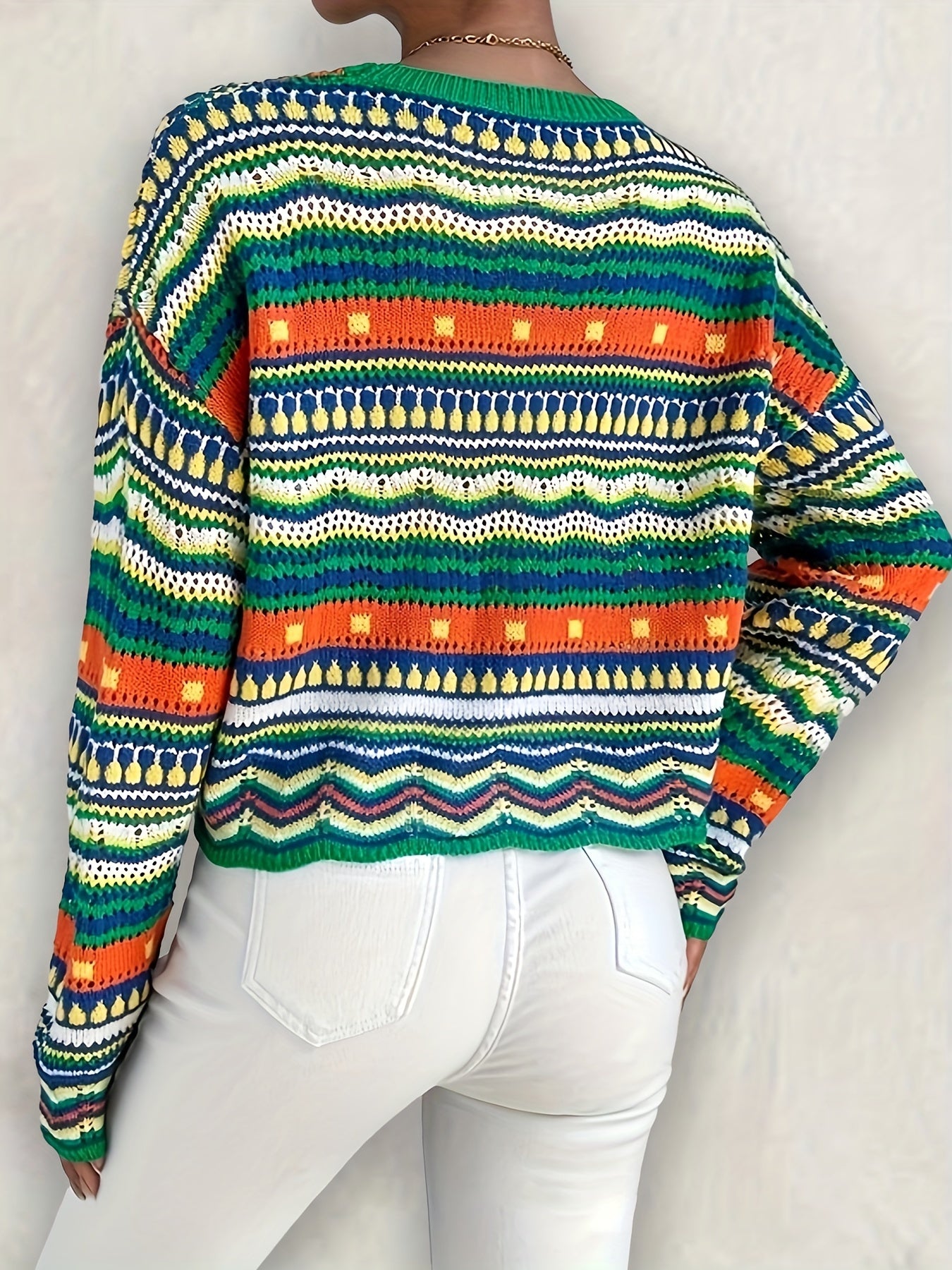 Ethnic Print Eyelet Knit Sweater Casual Crew Neck Long Sleeve Sweater