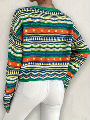 Ethnic Print Eyelet Knit Sweater Casual Crew Neck Long Sleeve Sweater