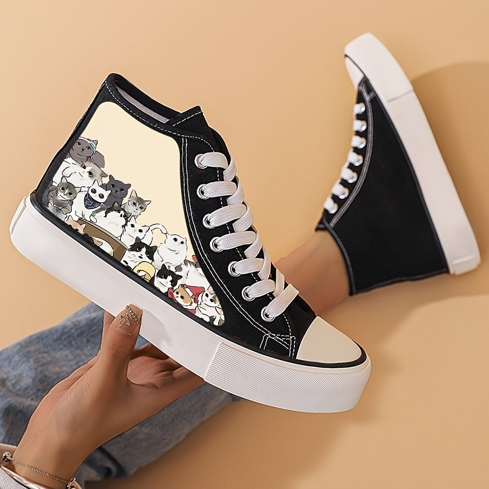 Girl's High Top Cat Pattern Skate Shoes Non Slip Sneakers