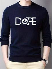 Men's Leaf & Letter Print Knitted Sweater Stretch Long Sleeve Top