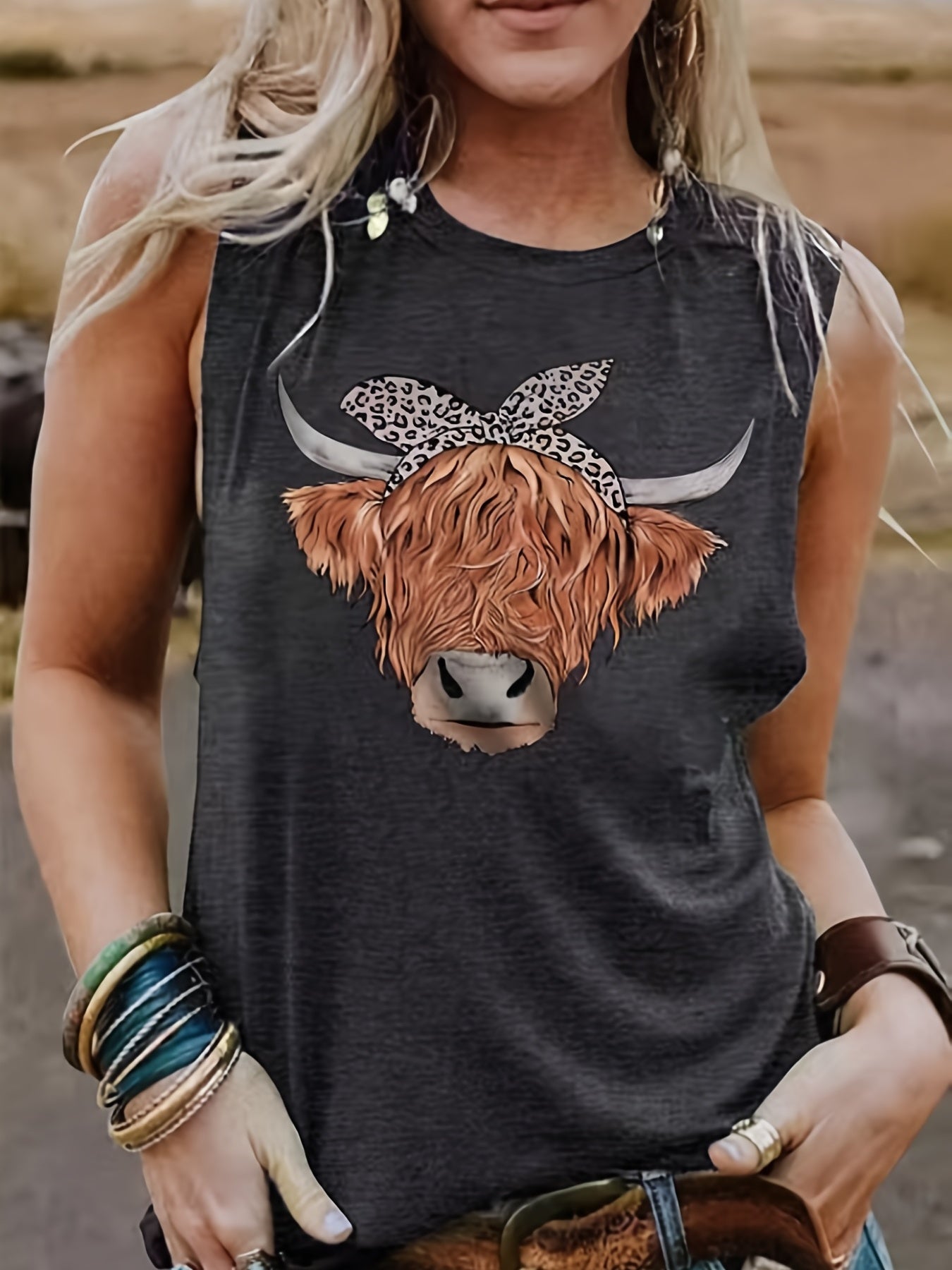 Cow Head Print Tank Top Sleeveless Crew Neck Casual Tops