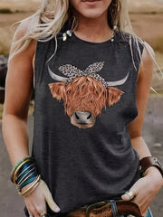 Cow Head Print Tank Top Sleeveless Crew Neck Casual Tops