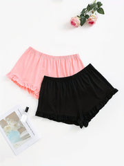 2 Pack Women's Plus Basic Sleepwear Bottoms Set Solid Ruffle Trim Elastic Lounge