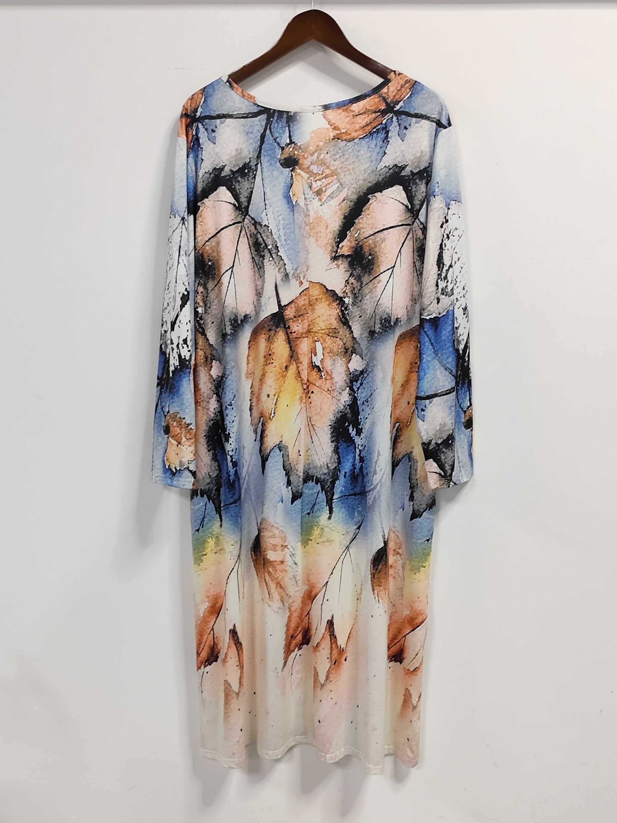 Women's Plus Tie Dye Leaf Print Button Decor Long Sleeve V Neck Dress