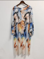 Women's Plus Tie Dye Leaf Print Button Decor Long Sleeve V Neck Dress