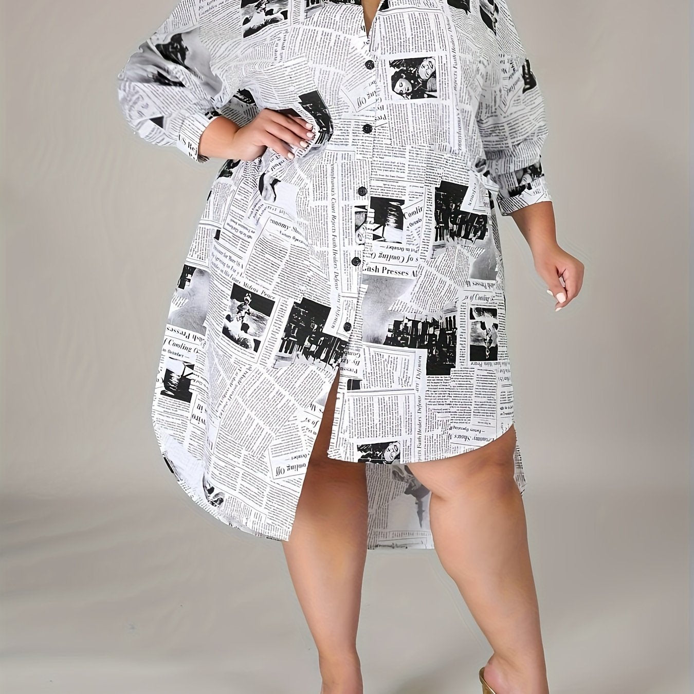 Newspaper Pattern Long Sleeve Casual Dress Shirt Dress
