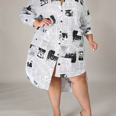 Newspaper Pattern Long Sleeve Casual Dress Shirt Dress