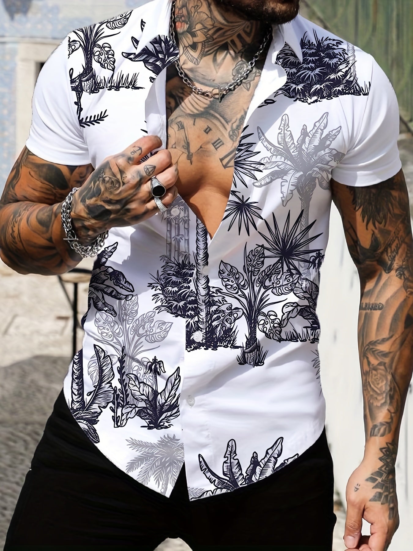 Coconut Tree Print Hawaiian Shirt - Men's Casual Short Sleeve Shirt