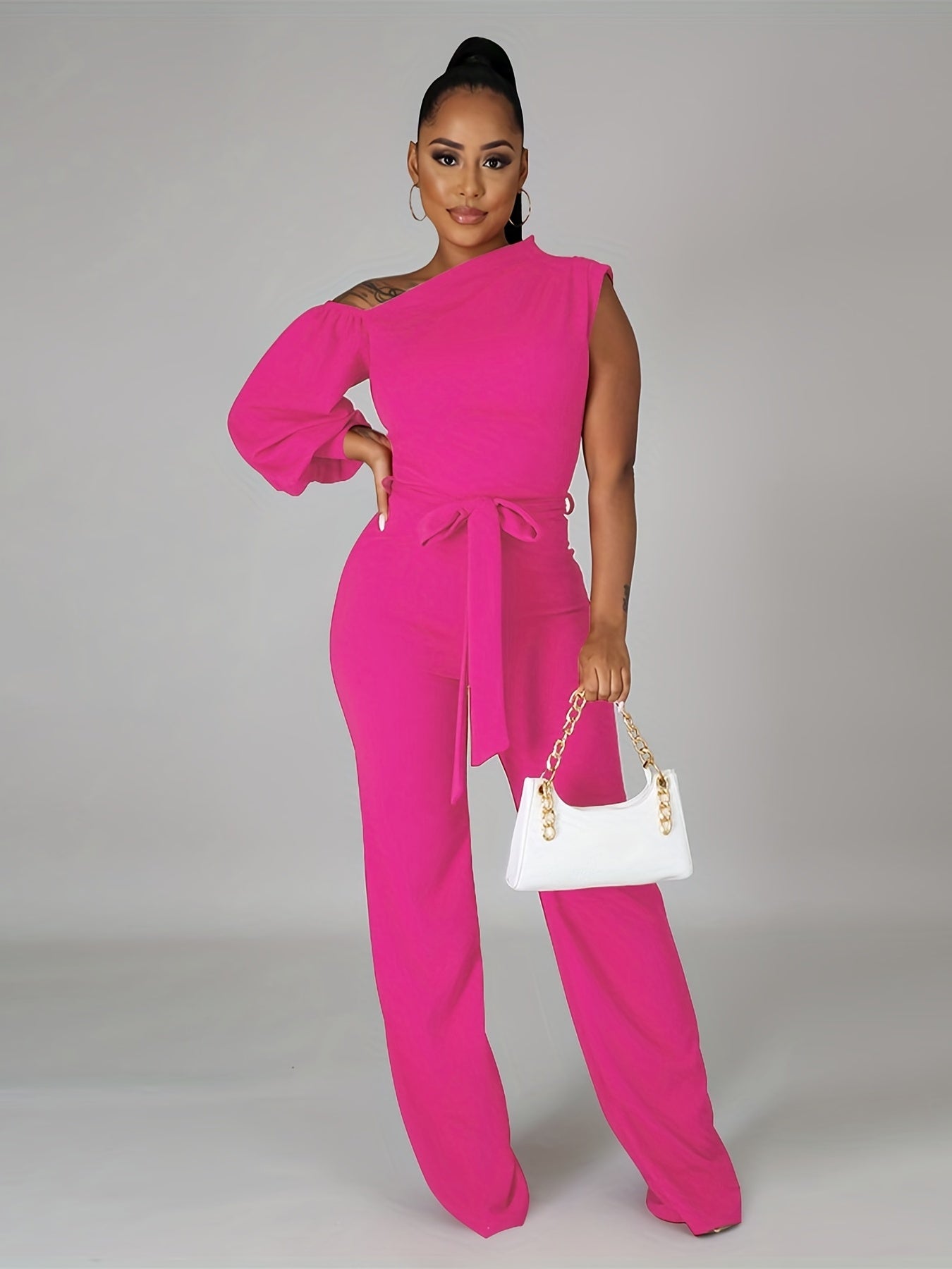 One Shoulder Jumpsuit Long Sleeve Knot Long Length