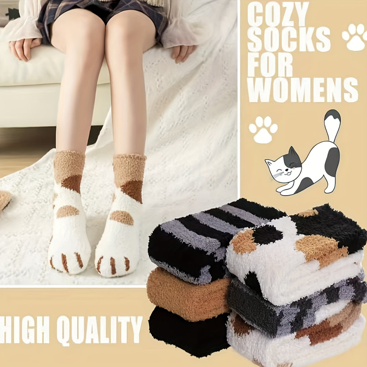 6 Pairs Cotton Cat Claw Pattern Socks for Women Men Children Girls