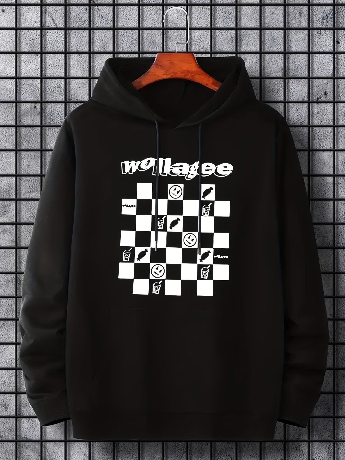 Checkerboard Print Hoodie Men's Casual Graphic Pullover Hoodie