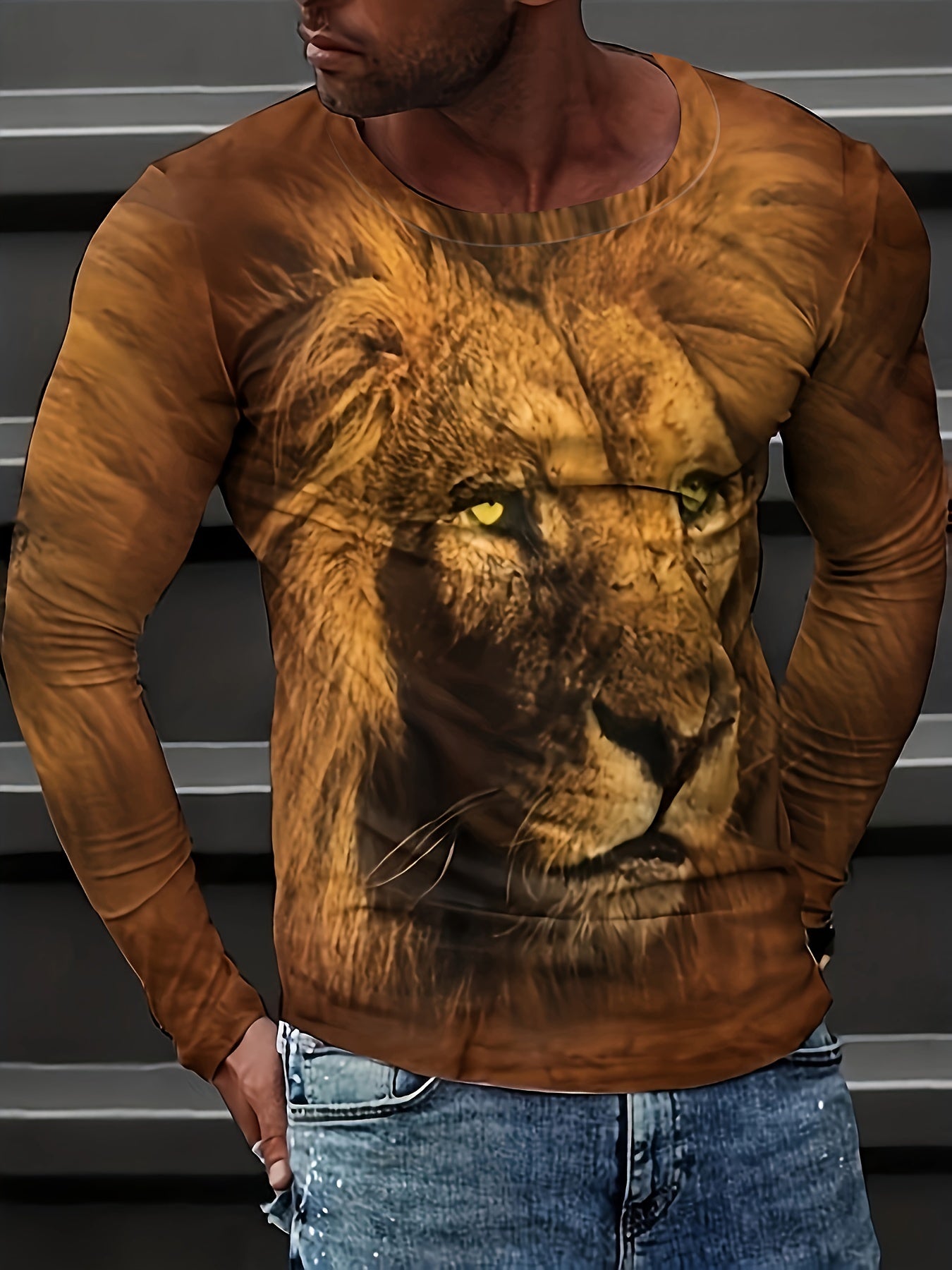 Lion 3D Print Men's Long Sleeve Vintage T-shirt