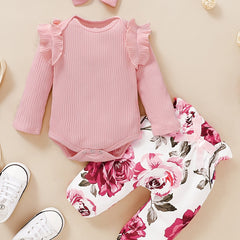 3pcs Baby Girls Bodysuit Onesie & Floral Pants & Headband Set