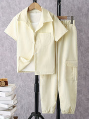 Boy's Solid Shirt & Cargo Pants Set for Spring Summer