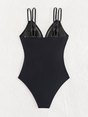 Solid Mesh Contrast One Piece Swimsuit V Neck Double Strap Stretchy Bathing Suit