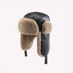 Men's Large Size Winter Ski Hat With Ear Protection & Leather Detail