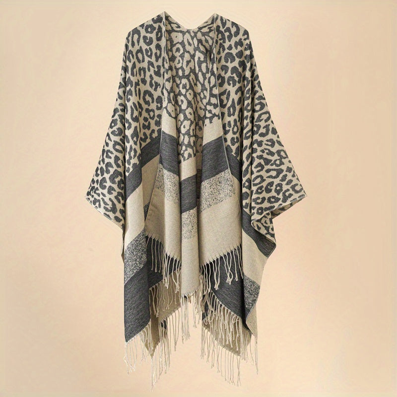 Leopard Print Striped Shawl Warm Windproof Fringed Shawl Wrap