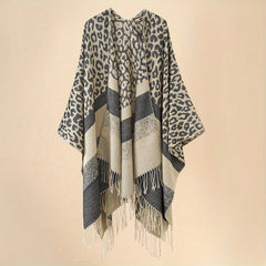 Leopard Print Striped Shawl Warm Windproof Fringed Shawl Wrap