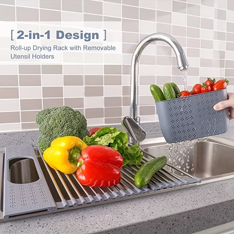 Stainless Steel Roll Up Dish Drying Rack with Utensil Holder