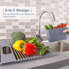 Stainless Steel Roll Up Dish Drying Rack with Utensil Holder