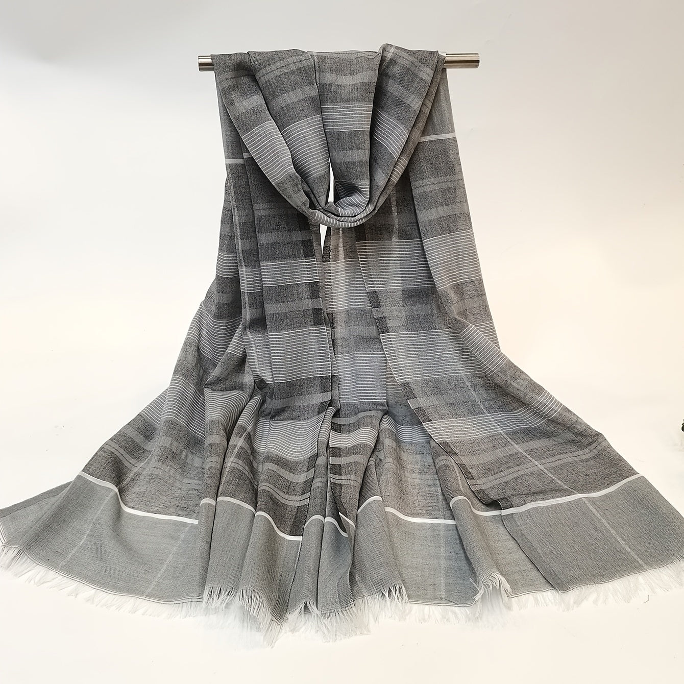 Gray Stripe Print Scarf Plaid Casual Shawl Frayed Edge Windproof Sunscreen
