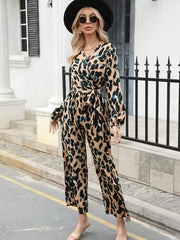 Leopard Print V Neck Jumpsuit Casual Long Sleeve Belted Jumpsuit