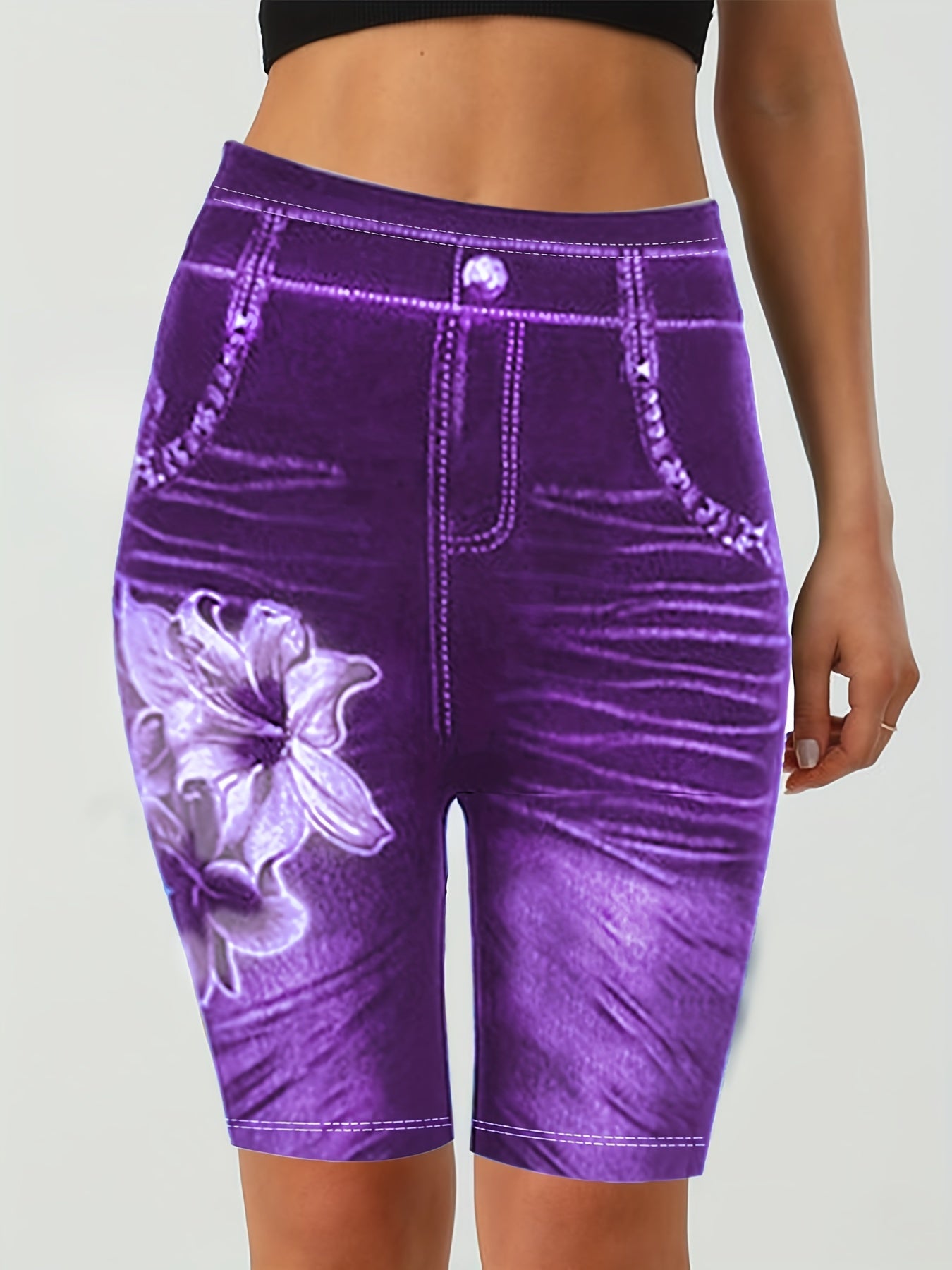 Flower Print Slim Leggings Casual Skinny Shorts Leggings