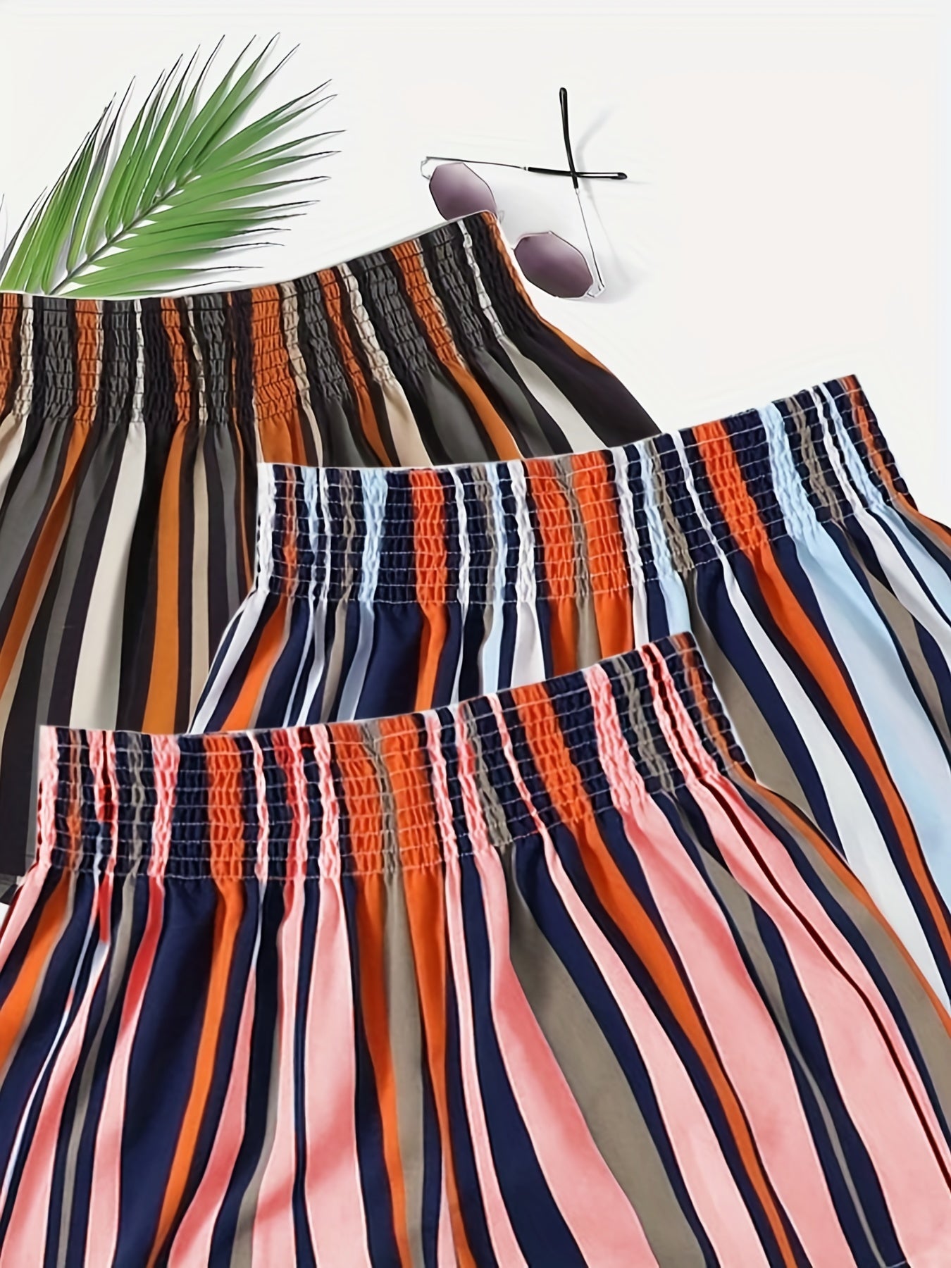 Striped Shorts 3 Pack Shirred Waist Casual Summer Women's Clothing