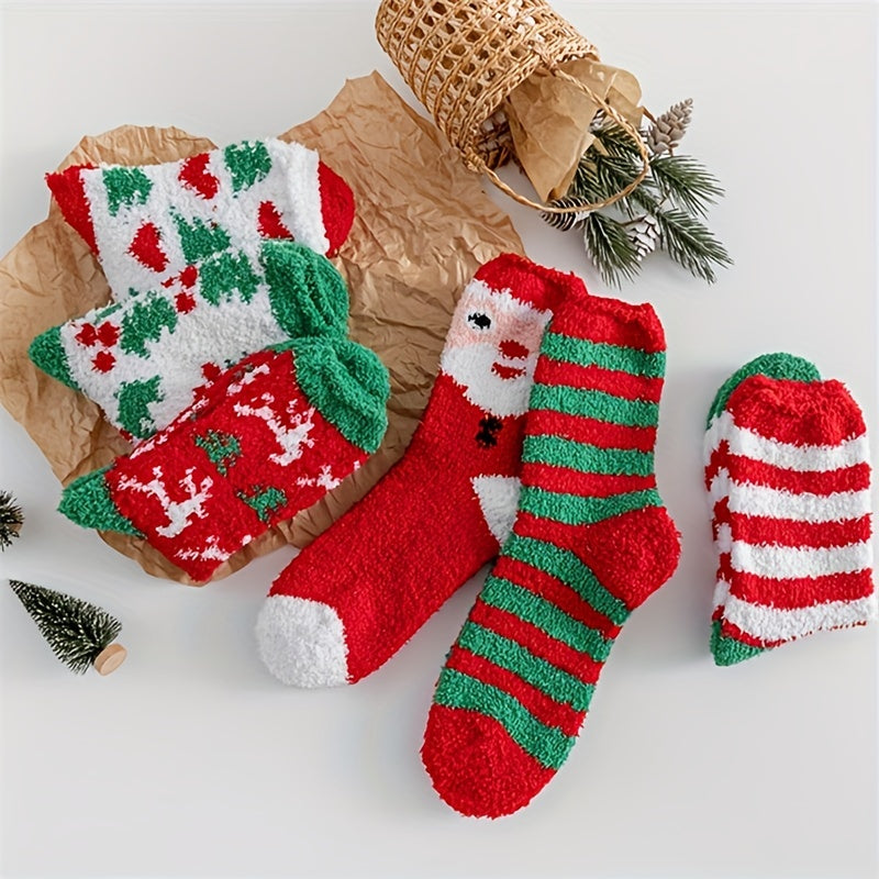 6 Pairs Cartoon Christmas Print Socks Comfy & Fuzzy Warm Stockings