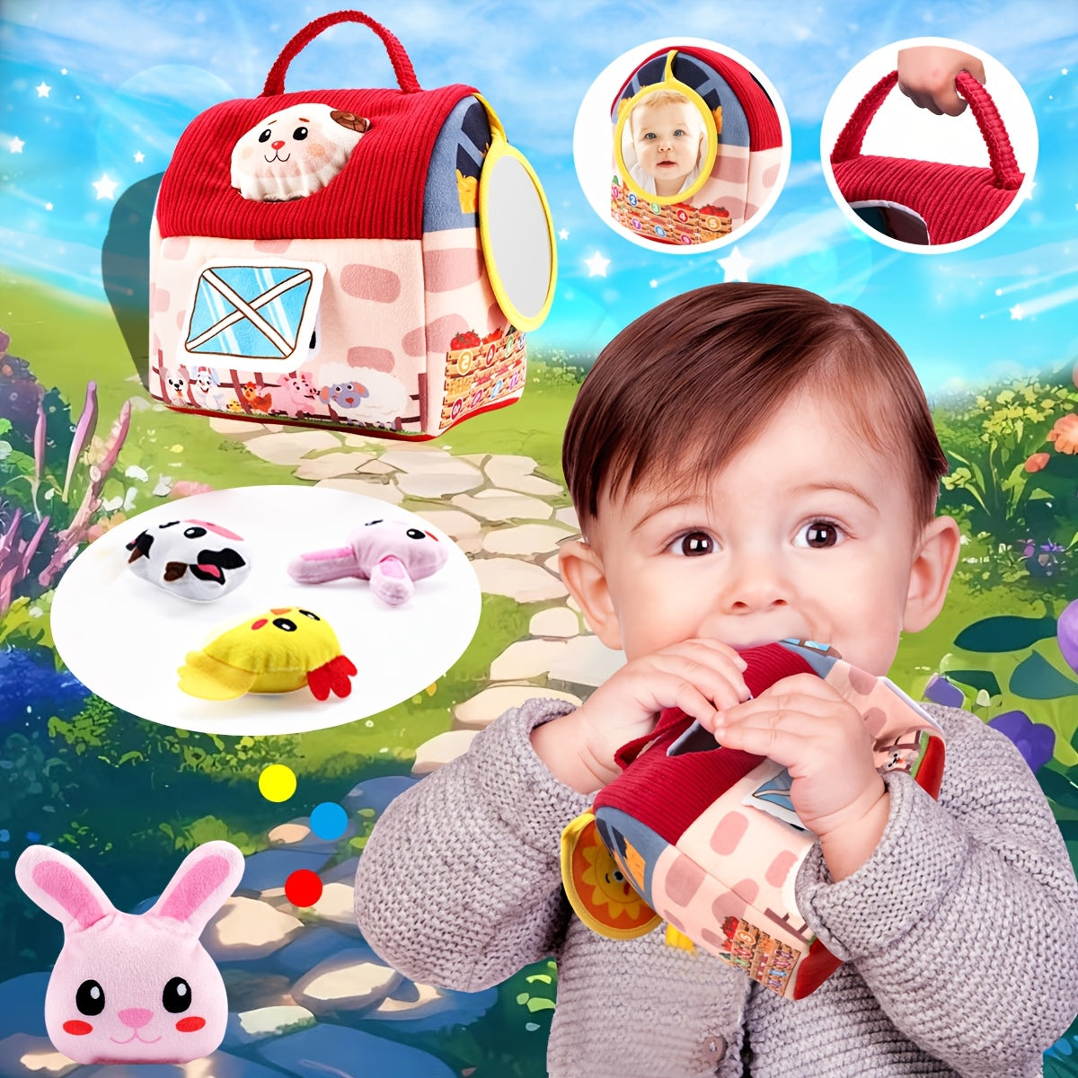 Surprise Barn with Stuffed Farm Animals Rattle Crinkle Paper Mirror Toys