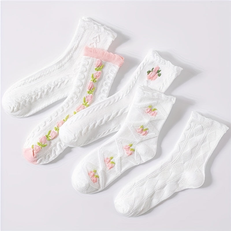 5 Pairs Floral Print Ruffle Socks Women's Stockings & Hosiery