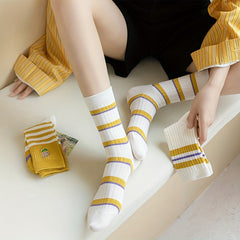 5 Pairs Striped Crew Socks Women's Comfy Breathable Mid Tube Stockings