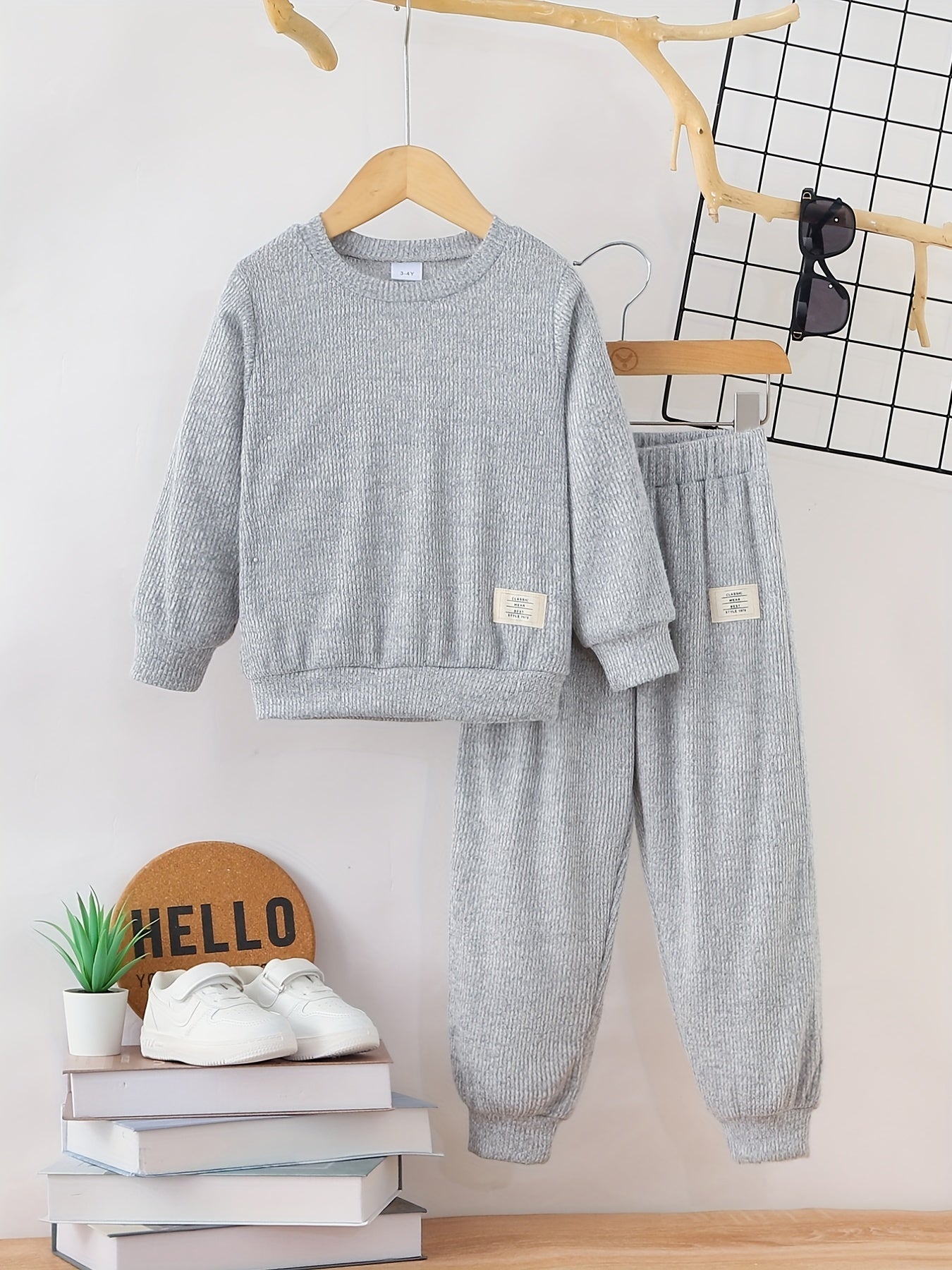 Boy's Ribbed Sweatshirt & Sweatpants Set Sporty Style Outfits