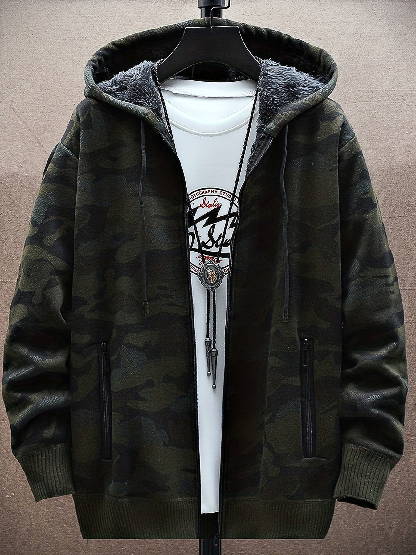 Camouflage Pattern Hooded Cardigan Sweater Men's Zip Up Coat