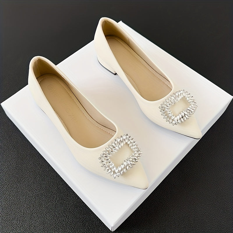 Women's Rhinestone Decor Slip On Low Point Toe Block Heel Glitter Shoes