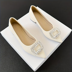 Women's Rhinestone Decor Slip On Low Point Toe Block Heel Glitter Shoes