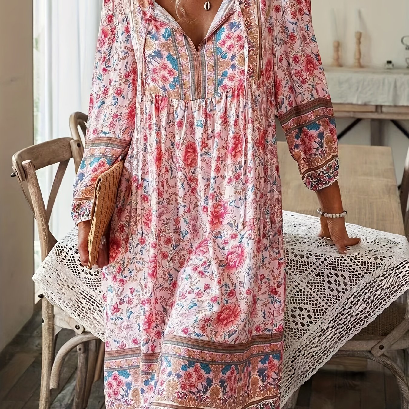 Floral Print Tie Neck Dress Boho Long Sleeve Dress For Spring