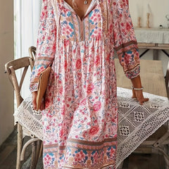 Floral Print Tie Neck Dress Boho Long Sleeve Dress For Spring