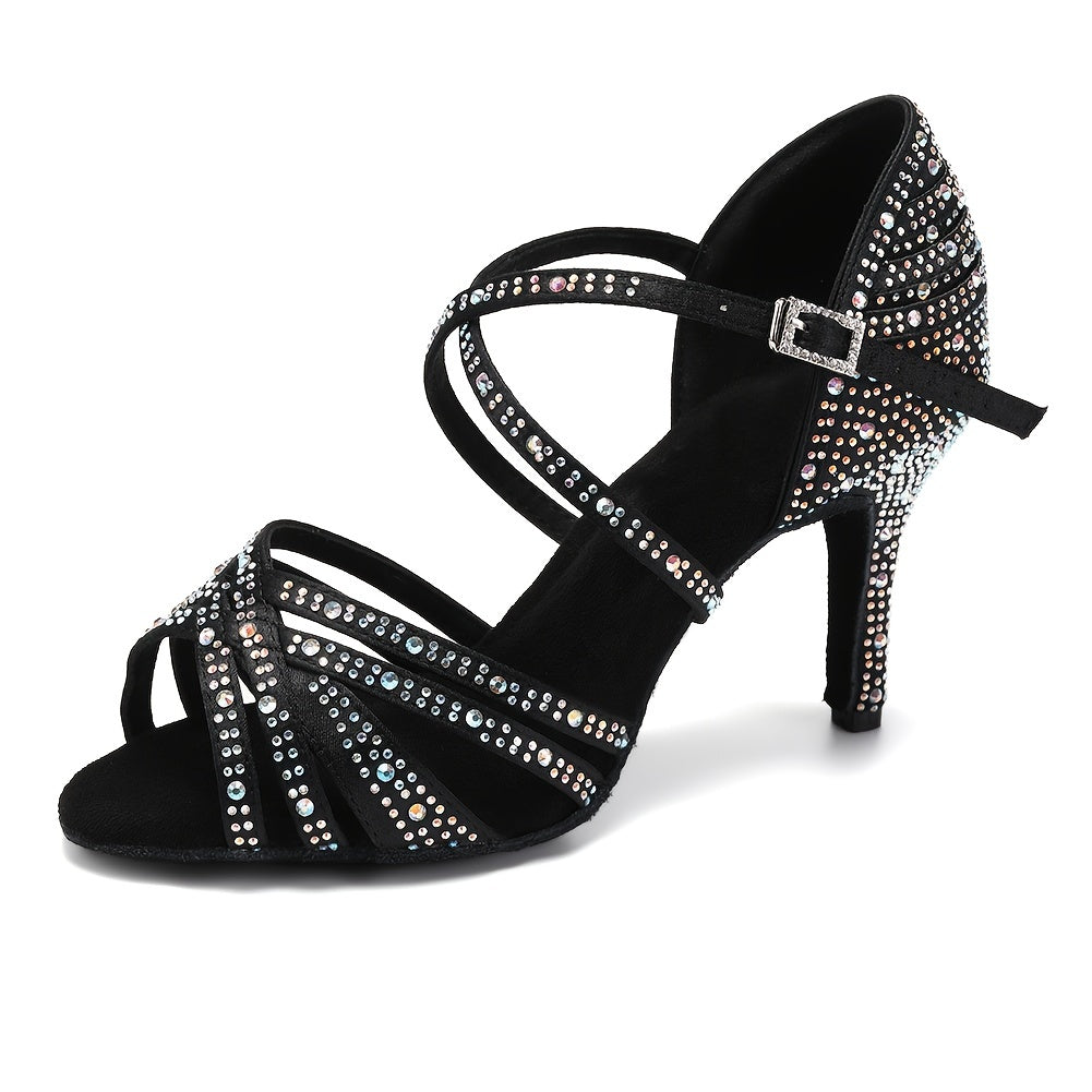 Women's Rhinestone Latin Dance Shoes Cross Straps Buckles Indoor Dance Shoes